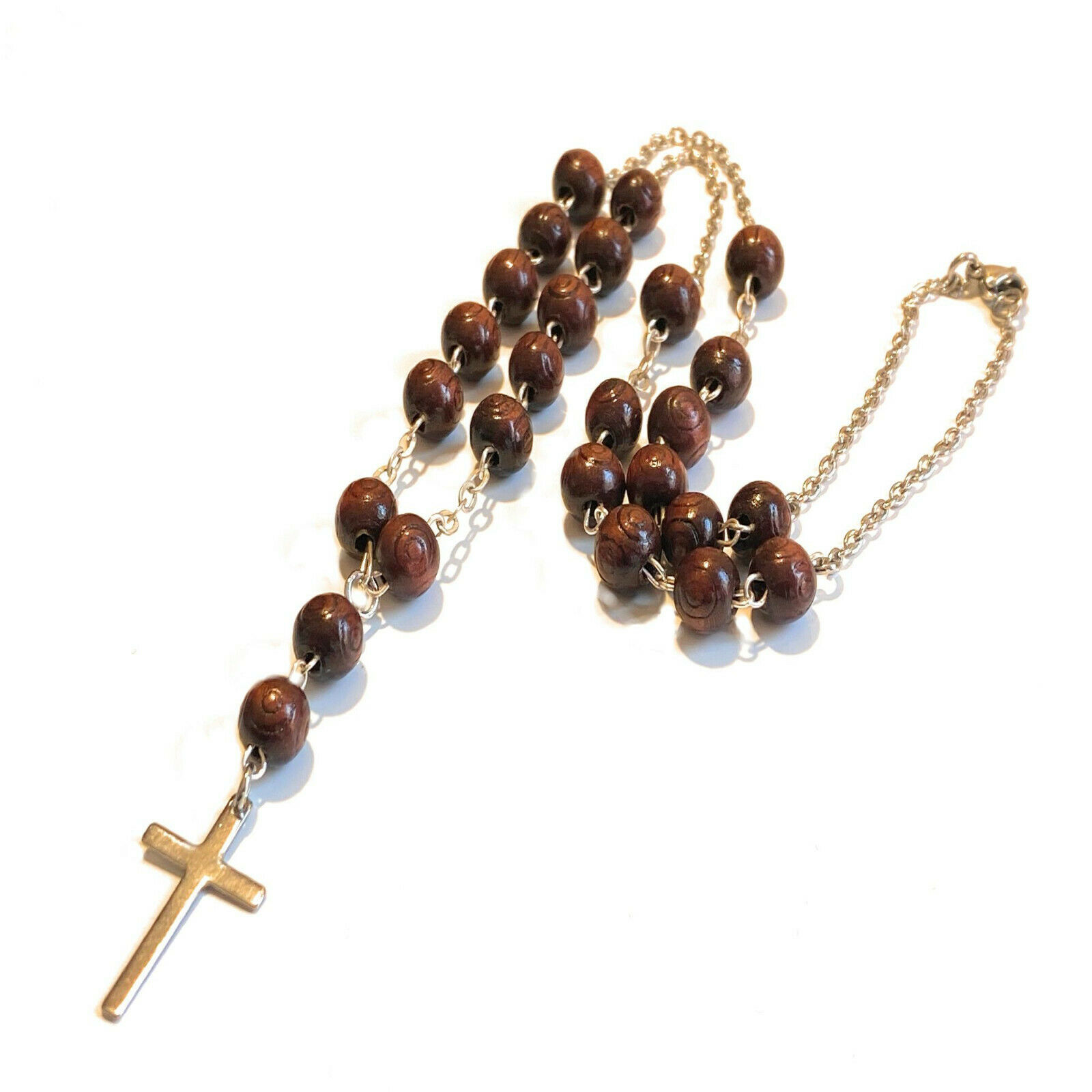 Collana rosario con croce in acciaio inox da uomo catenina ciondolo crocifisso